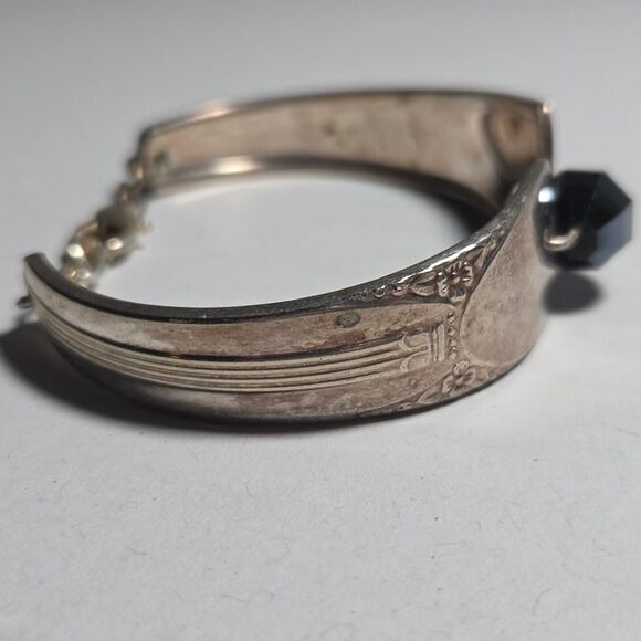 Vintage Spoon Handle Bracelet Hematite Bead Floral Detail - Picture 3 of 9